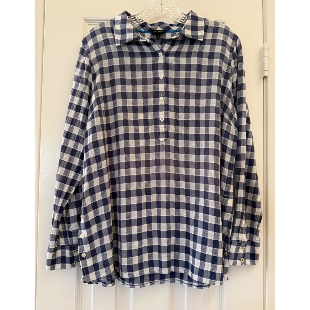 Talbots Womens Navy Blue White Gingham Check Tunic Top Size M Preppy